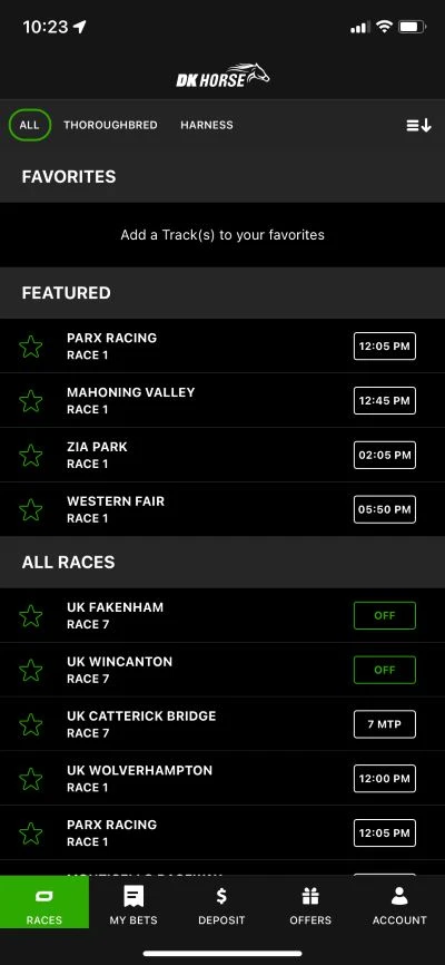 Archive DK Horse iPhone screen showing track names, race numbers and scheduled times