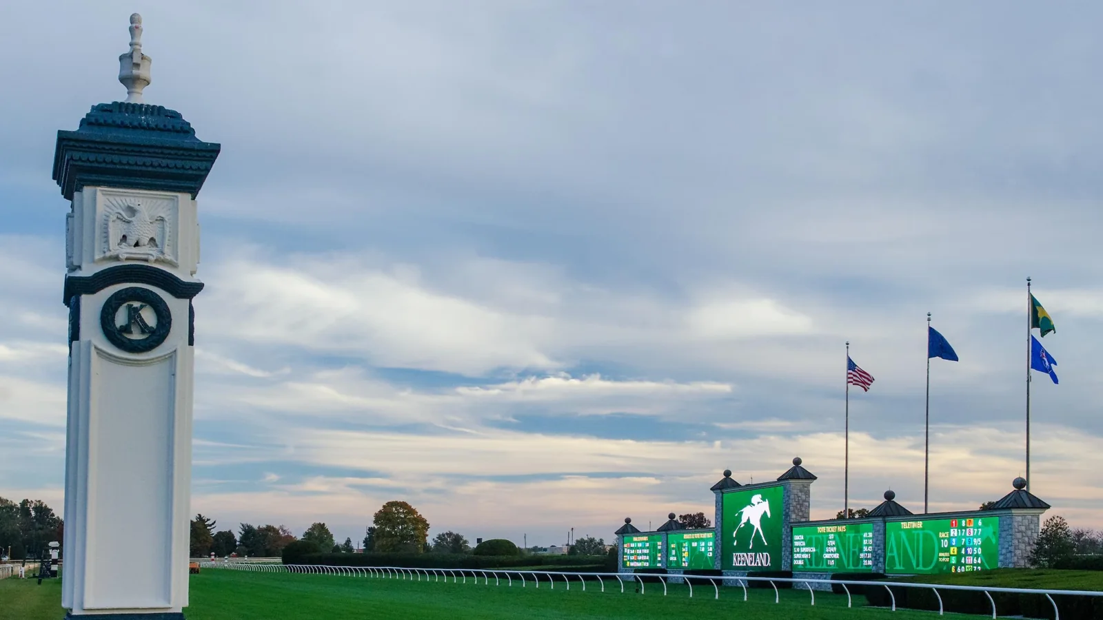 Keeneland's finish marker and infield in a modern archive photograph