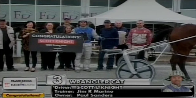 Scott Knight celebrating his 1,000th driving victory with Wrangler Cat at Fraser Downs in 2017