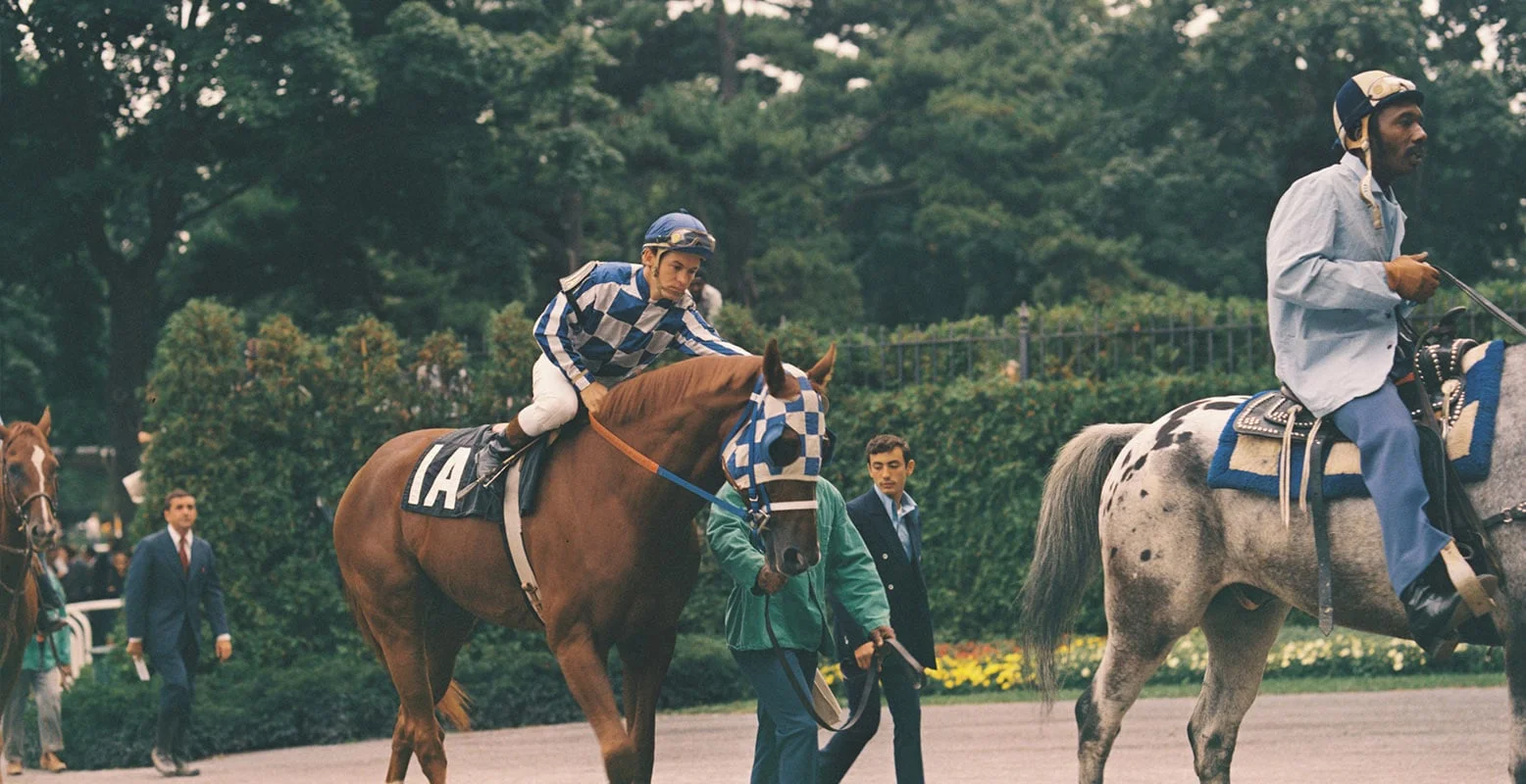 Secretariat with Ron Turcotte and an escort horse in a historical NYRA photograph